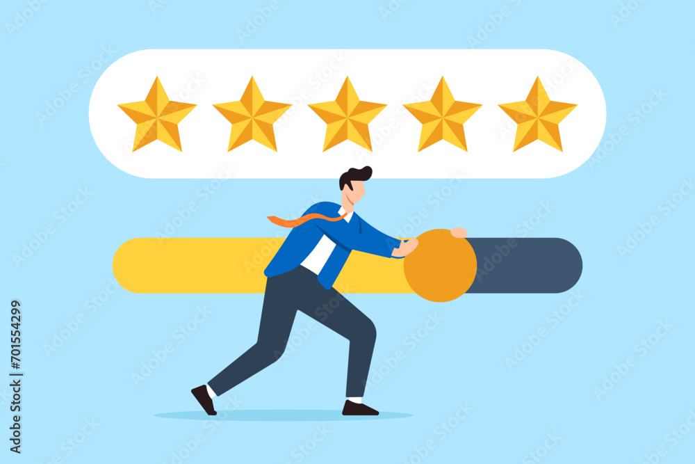 Five star feedback review from satisfied customer or client with slider bar in flat design Five star feedback review from satisfied customer or client with slider bar in flat design