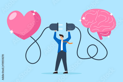 Man connecting heart emotions with human brain in flat design