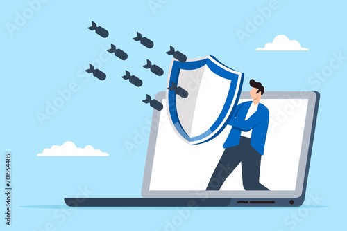 Man hold shield on laptop guarding against cyber attack in flat design