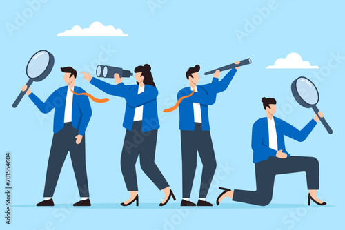 Professional business team with binoculars and telescope in flat design