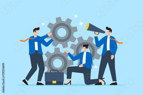 Business team work together with gear cogwheel in flat design