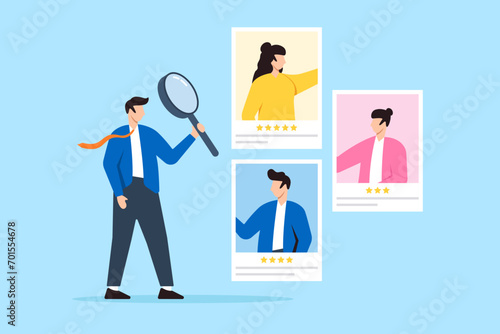 HR recruiter analyzing candidate with magnifying glass in flat design