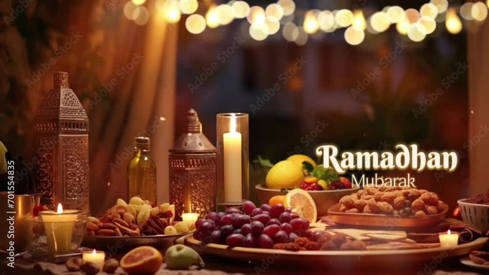 Ramadan Mubarak greeting with Dates in the plate with lights Ramadan Mubarak greeting with Dates in the plate with lights