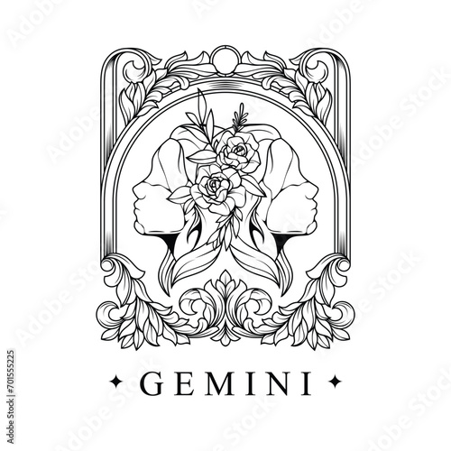Zodiac gemini horoscope sign line art silhouette design vector illustration. Creative decorative elegant linear astrology zodiac gemini emblem template for logo or poster decoration