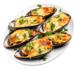 Fresh mussels baked with cheese on white dish isolated.