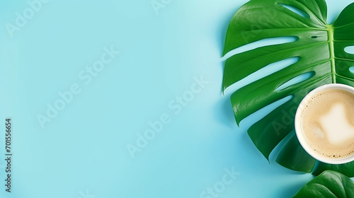 Flat lay perspective of monstera tropical plan with blank paper on a light blue background