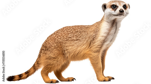 A curious meerkat stands proudly, its snout raised in search of adventure, against a stark black canvas, embodying the resilient spirit of a terrestrial mammal in the wild photo