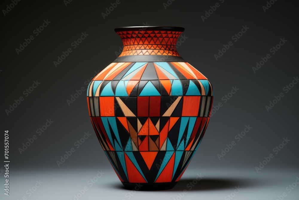The designer vase with colorful glaze is isolated on the gray background.