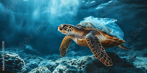 a sea turtle entangled in plastic amidst the vivid underwater scenery. The image illustrates the urgent issue of ocean pollution, prompting environmental awareness and action