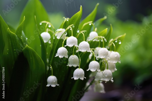 Beautiful white flowers lilly of the valley in rainy garden. Convallaria majalis woodland flowering plant.