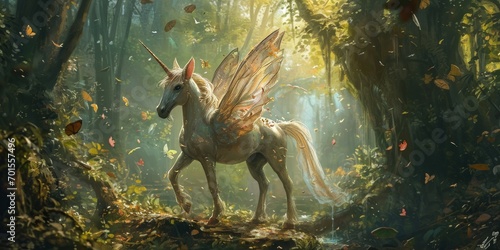 a beautiful pegasus unicorn running in the forest. Fantasy art