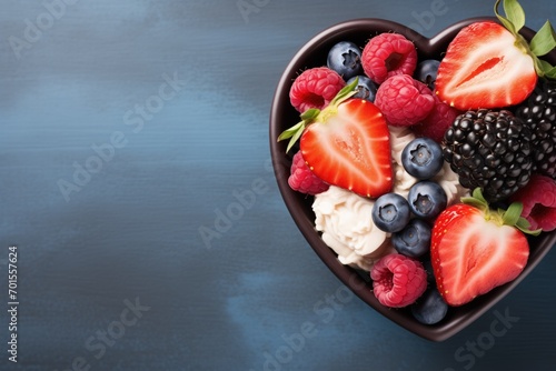 Handcrafted Acai Bowl with Heart Shaped Fruit Garnishes on a Calm Blue Backdrop with Space for Text photo