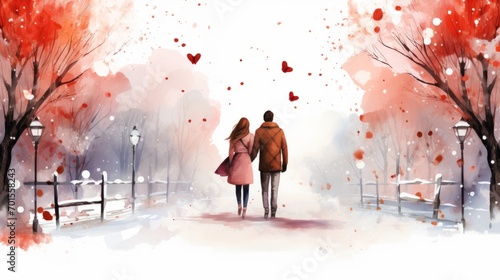 Couple lovers sweet love in winter watercolor painting hand drawn. valentine love woman and man snow png like style
