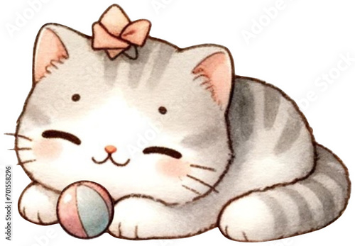 Cute cat Watercolor,This picture is a cute drawing of a white and gray cat with an orange nose.