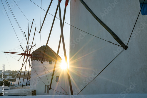 Windmill of Mykonos island with sun flare 