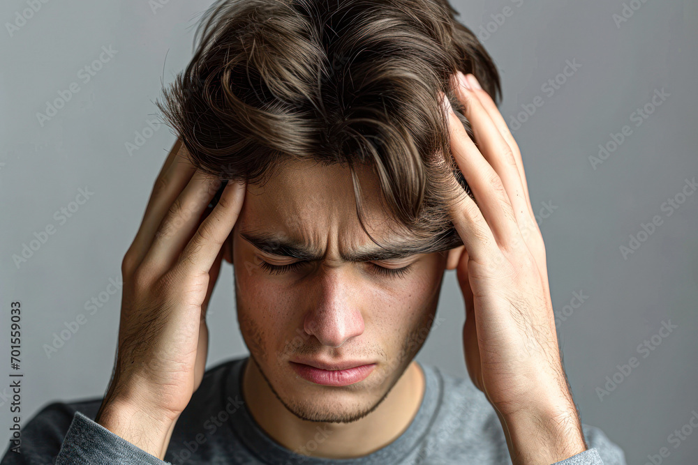 Feeling terrible headache. Portrait of young muscular man is standing and touching his temples while suffering from pain. He is frowning while keeping eyes closed Feeling terrible headache. Portrait of young muscular man is standing and touching his temples while suffering from pain. He is frowning while keeping eyes closed