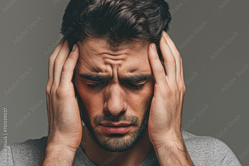 Feeling terrible headache. Portrait of young muscular man is standing and touching his temples while suffering from pain. He is frowning while keeping eyes closed Feeling terrible headache. Portrait of young muscular man is standing and touching his temples while suffering from pain. He is frowning while keeping eyes closed