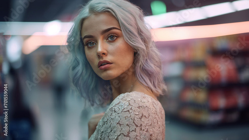 young adult woman or teenager, critical look, disappointed or worried, looking around, in a supermarket discount groceries store, blonde-white dyed hair, age 30, confused or worried and shocked photo