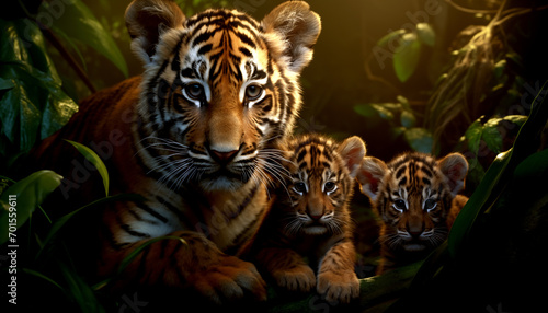 A majestic tiger with its cubs in a sunlit jungle, surrounded by lush greenery, AI generated © Rajesh