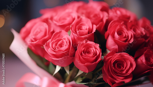 A vibrant bouquet of red roses tied with a ribbon against a glistening bokeh background  AI generated
