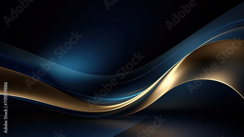 Blue luxury background with golden line decoration and curve light effect with bokeh elements. Modern art elegant dark scene. Generative Ai