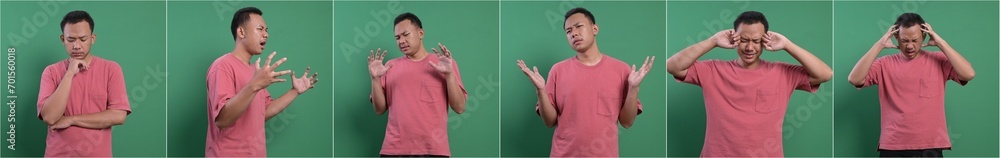 A set of frustrated Asian man with different hand gesture and expression. A set of frustrated Asian man with different hand gesture and expression.