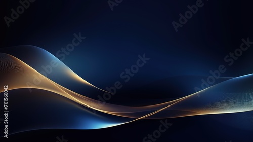 Blue luxury background with golden line decoration and curve light effect with bokeh elements. Modern art elegant dark scene. Generative Ai