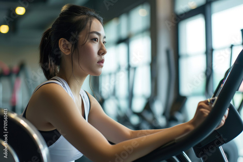 young asian woman on stationary exercise bike