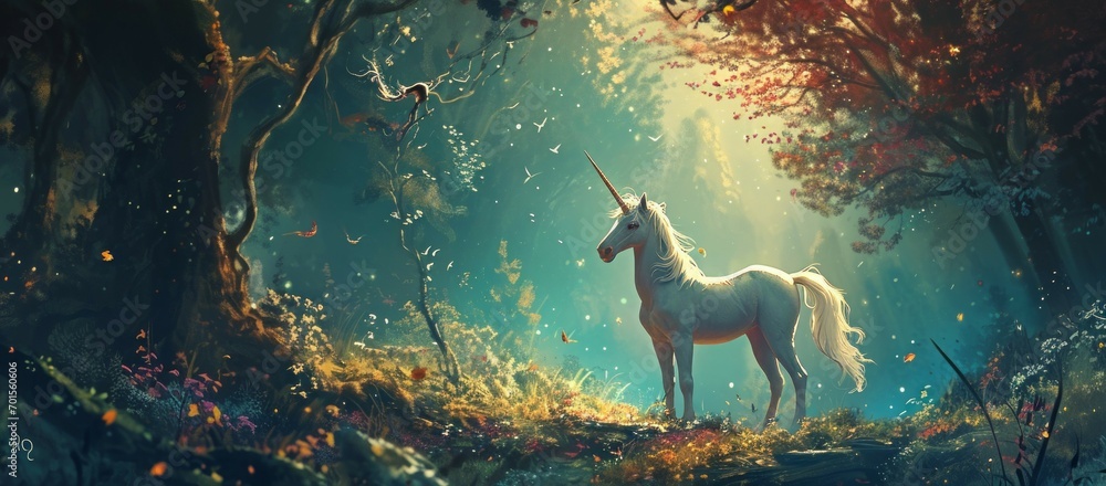 a beautiful unicorn running in the forest. Fantasy art - obrazy, fototapety, plakaty 
