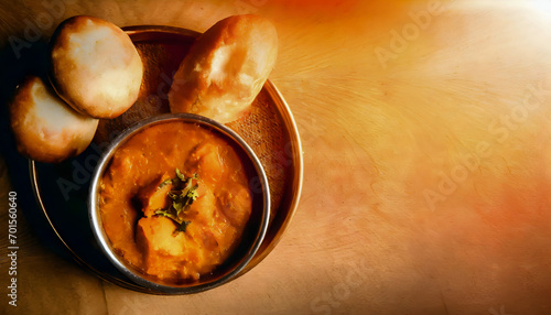 Indian Mumbai food Pav bhaji from vegetables with bread close-up in a bowl. horizontal top view photo