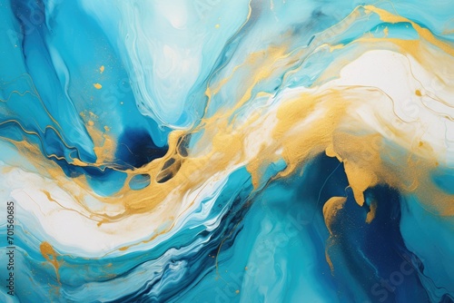 Fluid art texture. Background with abstract mixing paint effect. Liquid acrylic artwork that flows and splashes. Mixed paints for interior poster, design flyer or banner. Blue, gold and white colors