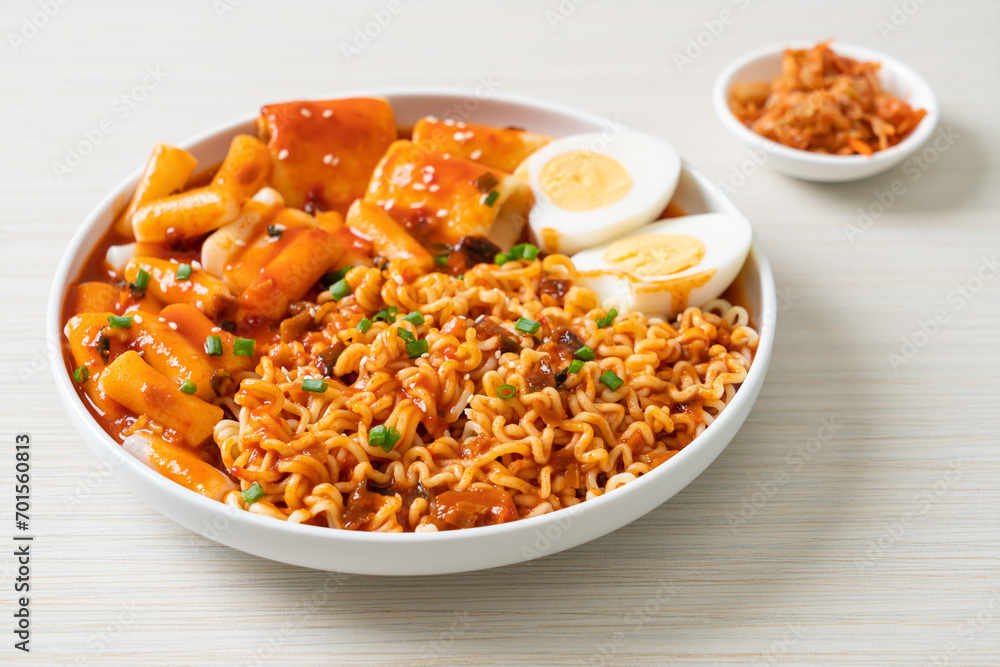 Korean instant noodles with Korean rice cake and fish cake and boiled egg Korean instant noodles with Korean rice cake and fish cake and boiled egg