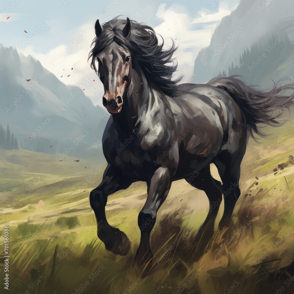 Realistic drawing of a black horse galloping through a green meadow, AI