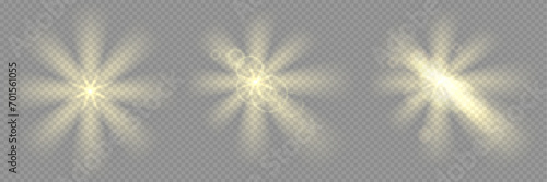 Sun light flare effect. Vector yellow bright shiny glowing ray beams. Golden sunny summer glare. White halo sunbeam sunrise or sunset.