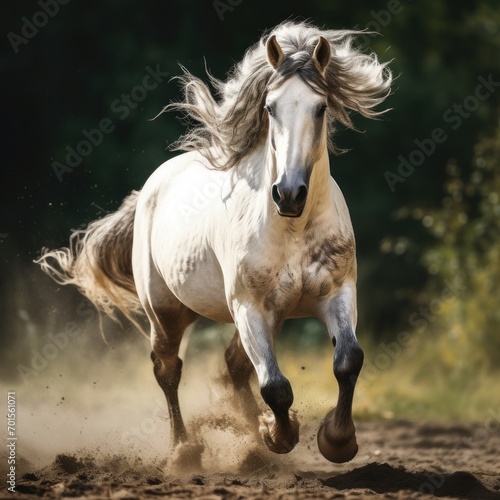 White horse galloping outdoors against the background of the forest, AI