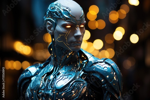 Night View Image of Female Cyborg Statue Illuminated in Blue with Bokeh Generative AI