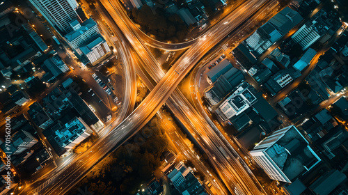 Fotografia Aerial view of highway and overpass in city, night city, Modern construction design of traffic ways to avoid traffic jams, Generative ai