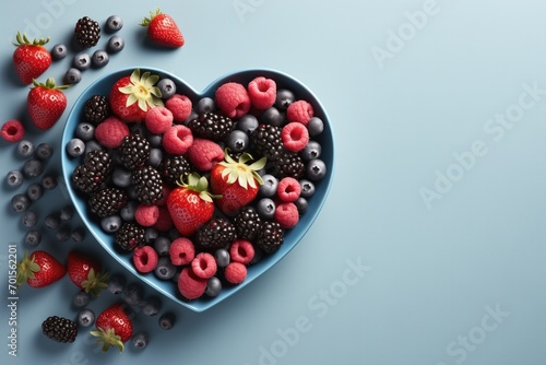 Handcrafted Acai Bowl with Heart Shaped Fruit Garnish on a Calm Blue Backdrop with Space for Text photo