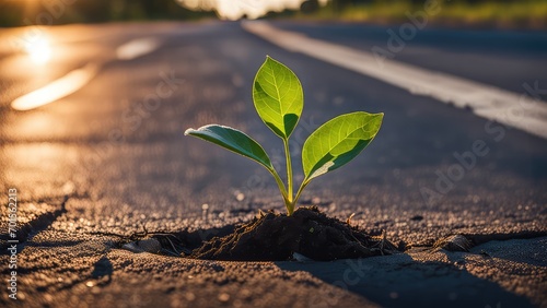 A green sprout on the road. A green sprout grows from a crack in the asphalt on the roadway.