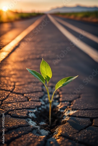 A green sprout on the road. A green sprout grows from a crack in the asphalt on the roadway.