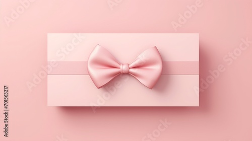blank white gift card with pink ribbon bow in pink envelope isolated on pink background.