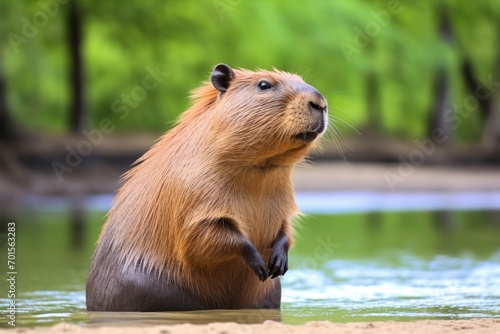 brown capybara sitting by the lake at the zoo