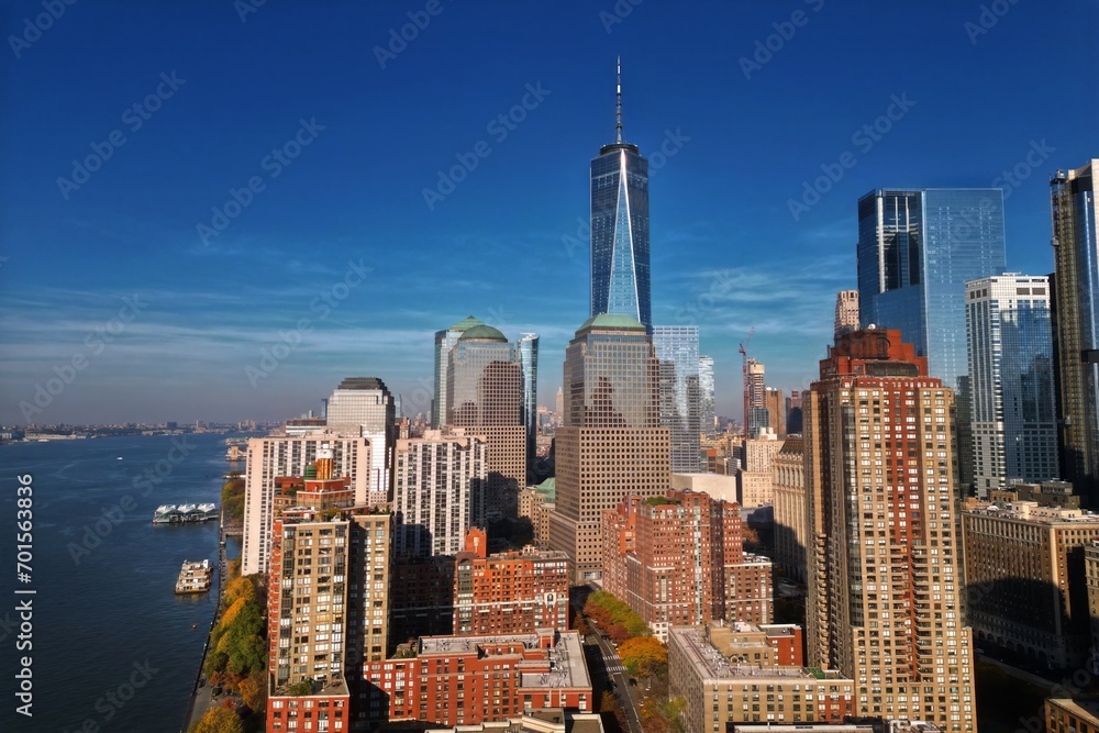 New York skyline landmarks skyscrapers. Travel to America. New York USA. View of Manhattan in New York. New York City USA midtown Manhattan financial district skyline. NYC from drone. NYC aerial view.