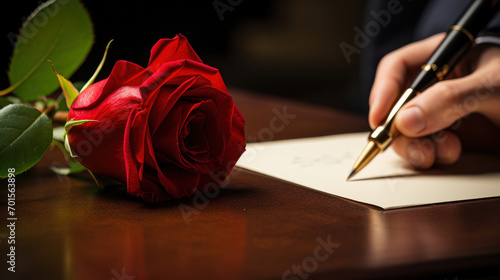 Close up of the hands of a man writing a love letter to his sweetheart with a single romantic red rose with selective colour lying on the desk alongside him photo