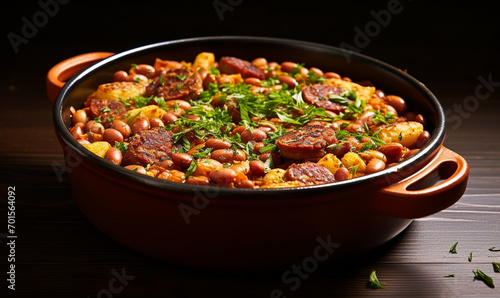Cassoulet of meat, sausages, white beans and vegetables. french traditional food