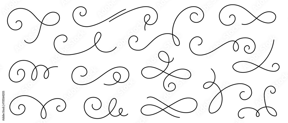 Line flourish swirl vector calligraphy ornament elements. Fancy line flourish text typography accent, filigree modern curve ornament. Curl elegant vintage simple design elements. Vector illustration - obrazy, fototapety, plakaty 