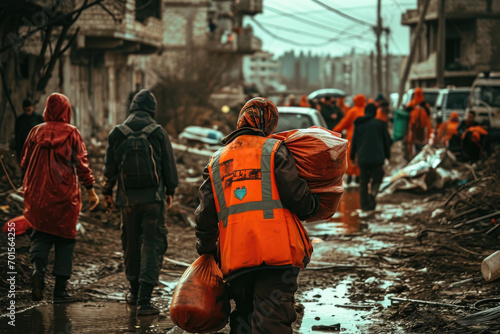 volunteers giving humanitarian aid to the victims