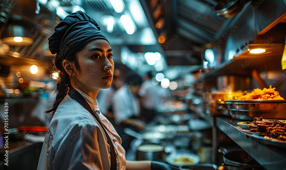 Young beautiful woman chef with wearing in white suit at kitchen.