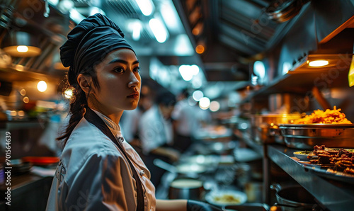 Young beautiful woman chef with wearing in white suit at kitchen. © Mangsaab