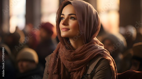 Beautiful Muslim woman in hijab sits in mosque, listening to sermon or preacher